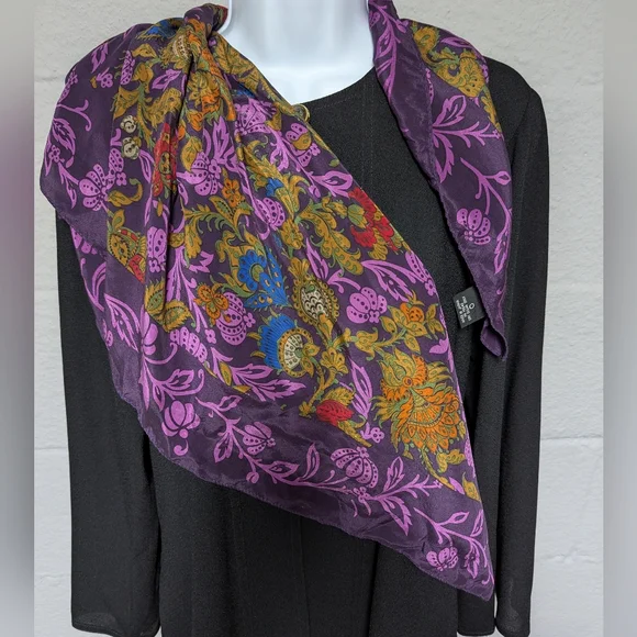 Carol Little 100% Silk Scarf Square 31x30 Purple Floral - Picture 2 of 12